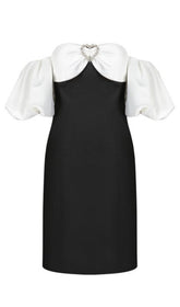 OFF SHOULDER BLACK AND WHITE PATCHWORK MINI DRESS